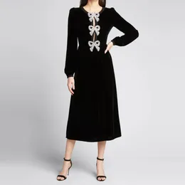 Casual Dresses High Quality Est Nice Designer Runway Women's Elegant Long Sleeve Beading Bow Velvet Dress