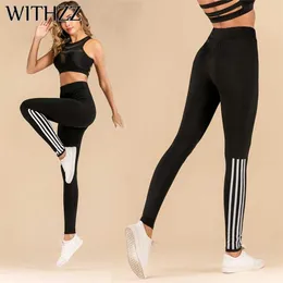 WITHZZ Stretch Fashion Pull Strip Printed High Waist Sportleggings Women Workout Leggings 211014