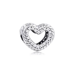 100% 925 Sterling Silver Snake Chain Pattern Open Heart Amulets Fit Europe Original Bracelet S925 Beads Silver Jewelry Q0531