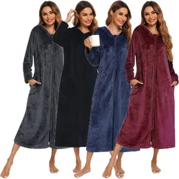 Women's Sleepwear Witbuy Winter Flannel Front Zipper Robe Coat With Pocket Warm Bathrobe Hooded Solid Long Sleeve Gown Night Wear Women