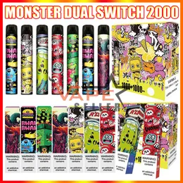 Аутентичный Monster Dual 2000 Puffs Одноразовая электронная сигарета Комплект устройств Предварительно заполненный 6 мл 2 в 1 Pod Kit Vape Pen Original VS Bar Plus