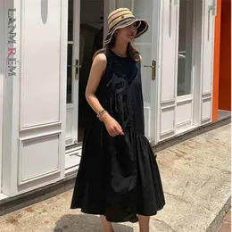 Casual Midi Vestido sem mangas Coreano Mostrar Fino Irregular A-Linha Loose Fit Moda Verão Mulheres 2P1663 210526