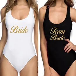 Badkläder Kvinnor Baddräkt Team Brud Glitter Guldtryck Badkläder Monokini Bodysuit Bachelor Party 210712