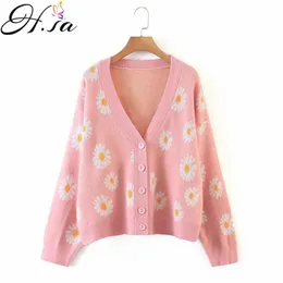 H.SA Women Cardigans Autumn Winter V neck Sunflower Printed Girls Chic Sweater Jackets Casual Oversized Y2K Cardigans Women 210716