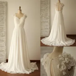 Beach Dresses With 3D Floral Applique Beaded Chiffon Sweep Train Illusion Back Lace Wedding Bridal Gown Vestidos De Novia 403