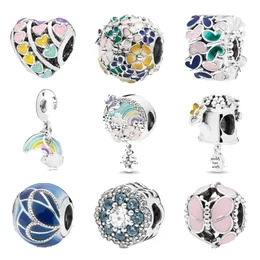 ANOMOKAY 100% Sterling 925 Silver Mix Style Rainbow Heart Spring Series Charms Beads fit Pandora Bracelet DIY Bracelet Gift Q0531