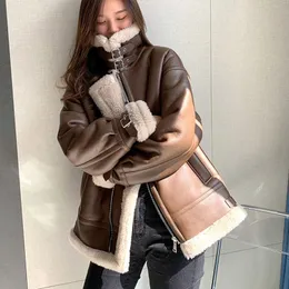 Frauen Pelz Faux Winter 2022 Damen Mode Biker Jacken Büro Dame Drehen-unten Kragen Vintage Reißverschlüsse Taschen Casual koreanischen Stil Oberbekleidung