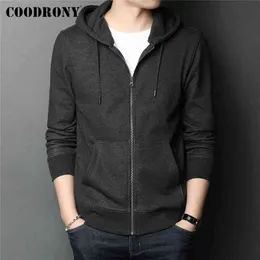 Coodrony Höst Vinter StreetWear Casual Classic Pocket Ren Färg Bomull Hoodies Sweatshirt Zipper Cardigan Men Kläder C4010 211217