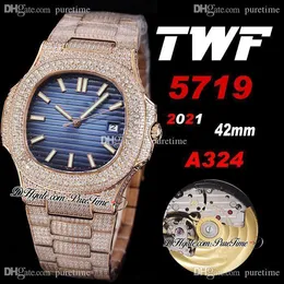 2021 TWF 5719 Cal A324 Orologio automatico da uomo in oro rosa 18 carati con pavé di diamanti Quadrante D-Blue Texture Bracciale con diamanti ghiacciati Orologi gioielli Super Edition Puretime A01