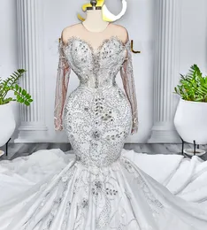 2022 плюс размер арабский арабский ASO EBI роскошный русалка сексуальное свадебное платье из бисера кристаллы блестящие свадебные платья платья ZJ214