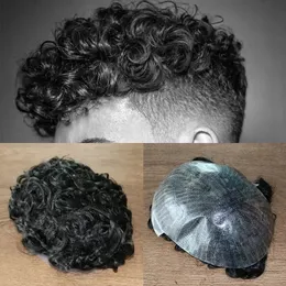 Slitstarkt av svart # 1b Protes Hair Pieces Unit 20mm Curly Men's Wig Human Hair Toupee Tunt Hud PU Male Replacement System