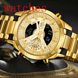 Nowa marka Temeite złote męskie zegarki kwarcowe sportowy zegarek cyfrowy męski zegarek LED z podwójnym wyświetlaczem wodoodporny Luminous Relogio Masculino