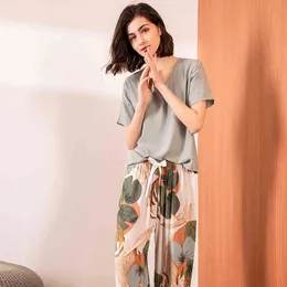Sommar Kvinnor V-Neck Leaves Printed Pajamas Set Ladies Comfort Enkel stil Sleepwear Loose Soft Casual Wear Homewear