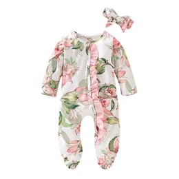 Noworodek Niemowlę Dziewczynka Boy Footed Sleeper Romper Headband Odzież Stroje Zestaw Zima Romper Kombinezon Mamelucos Invierno 210317