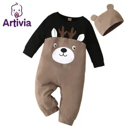 Född Baby Cartoon Brown Hjorttryck Kläder Romper Höst Vinter Spädbarn Långärmad Jumpsuit + Brun Blå Outfits 3-24m 211011