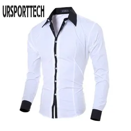 Ursporttech Men's Shirt Långärmad Vit Toppar Mode Solid Färg Casual Skjortor Slim Fit Plain Men Kläder Svart Grå 210721