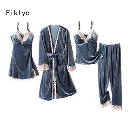 Fiklycの下着の安い女性の冬のベルベット4個のPajamasセット暖かいスタイルの女性セクシーな豪華なナイトウェアパジャマ家の布Q0706