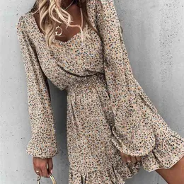 Apring And Summer Fashion Women's Mini Dresses With Square Collar Elastic Waist Ruffle Print Sweet Style Hedging Dress 210623