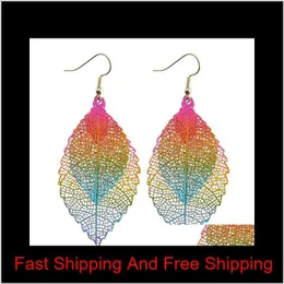 Fashion Luxury Boho Double Color Leaf Orecchini pendenti Big Pink Rainbow Leaves Nappe lunghe Orecchino a goccia per gioielli da donna E3Ldt Vl2Jv