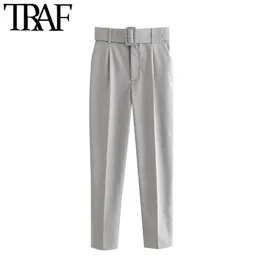 TRAF Kobiety Chic Moda Office Wear z Pas Pas Spodnie Vintage Wysokiej Talii Kieszenie Kobiet Spodnie Kostki Pantalones Mujer 210925