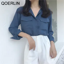 Doppelte Taschen Chiffon Shirts Frauen Turn-Down-Kragen V-Ausschnitt Langarm lose lässige Streetwear Basic Tops Girly Bluse 210601