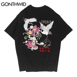 Gonthwid Camisetas Homens Hip Hop Streetwear Casuais Bordado Cranes Flores de Lotus de Algodão de Manga Curta camisetas Harajuku Tees Tops C0315