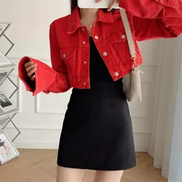 Kvinnors Jackor ZXQJ Women 2021 Fashion Casual Short Red Denim Jacket Vintage Långärmad Vinter Kvinnor Ytterkläder Chic Toppar