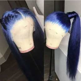 Synthetic Lace Front Simulation Human Hair Wigs Dark Blue Color 180% Density Long Straight Pre Plucked Wig For Women Cosplay