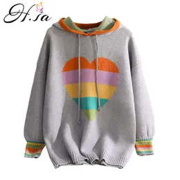 H.Sa Roupa Mujer Kobiety Dzianiny Sweter i Zwiąż Z Kapturem Słodki Serce Drukuj Rainbow Swetry Blue Jumper Pull Femme Hiver 210716