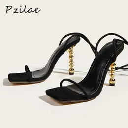 Pzilae Sommer Frauen Sandalen Sexy Square Toe Lace Up Frauen Gladiator Sandalen Metall High Heels Party Schuhe Schwarz Größe 41 210715