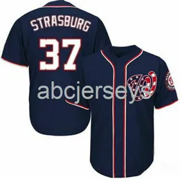 Cousu personnalisé Stephen Strasbourg # 37 Navy Baseball Jersey XS-6XL