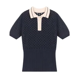 PERHAPS U Women Knitted Top Summer Short Sleeve Turn Down Collar Hollow Out Sexy Blue White B0376 210529