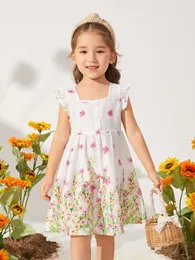Botão de Impressão Floral de Meninas da Criança Botão Frente Ruffle Trim Vestido Ela