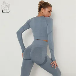 YUSHUHUA Vital Kadınlar Spor Takım Elbise Yoga Set Spor Egzersiz Giysileri Uzun Kollu Spor Kırpma Üst + Yüksek Bel Squat Dikişsiz Tayt 210813