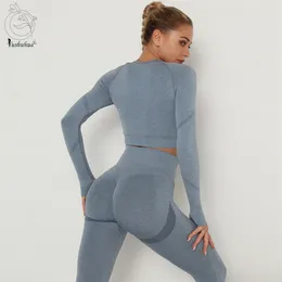 Yushuhua Vital Women Sport Suit Set Yoga Siłownia Workout Ubrania Z Długim Rękawem Fitness Crop Top + Wysoka talia Squat Seamless Legginsy 210813 \ t