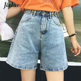 Jielur kort jean solid färg sommar jean femme koreanska stil mode feminino byxor hög midja denim shorts 210809