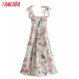 Tangada Sommer Frauen Drucken Französisch Stil Kleid Bogen Ärmellose Damen Midi Kleid Vestidos 2W83 210609