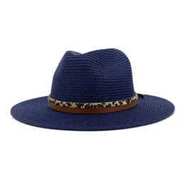 Nya Sun Hattar Män Kvinnor Leopard Band Casual Straw Hat Wide Brim Solid Luxury Fascinator Vintage Blue Khaki Svart Sommar Kvinnor Hat