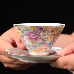 Jingdezhen Ceramika Porcelanowa Ręcznie Malowane Teacup Kolor Emalia Kwiaty Master Cup Single Puer Herbata Cup Tea Set Zestaw herbaty