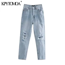 KPYTOMOA Kadınlar Chic Moda Yırtık Delik Yan Cepler Kot Vintage Yüksek Bel Fermuar Fly Denim Kadın Ayak Bileği Pantolon Mujer 210809