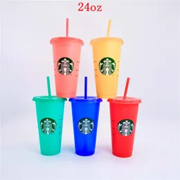 Starbucks Mermaid Goddess 24oz / 710ml Färgbyte Tumblers Plast Dricksaft med läpp och halm Magiska Kaffekoppar