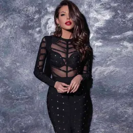 Fashion-Adyce Women Black Lace Bandaż Sukienka Jesień Midi Z Długim Rękawem Sexy Siatki Koralik Bodycon Club Celebrity Party Dresses