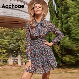 Aachoae Women's Floral Dress Bow Tie Neck Vintage Pleated See Through Sleeve Print Mini Casual Sundress Vestidos 210623