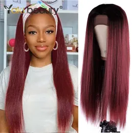 28Inch Silk Straight Ice Pannband Wigs värmebeständigt syntetiskt hår peruk Ingen limmaskin gjord peruk för svarta kvinnor av Yaki BeautyFactory Dire