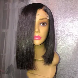 Прямые черные короткие боб кружевные фронтные парики с боковой частью для женщин Безлистые человеческие волосы реалистичные ежедневные носить парик кружевной парик