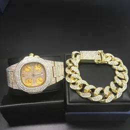 Luxury Men Gold Color Watch Bransoletka Combo Set Ice Out Cuban W Crystal Chain Top Brand Hip Hop Jewerly Ustaw Hip Hop dla mężczyzn H1022