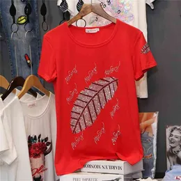Hiawatha Red/White/Black Summer Short Sleeve T-Shirt Women's Fashion Feather Drilling Tops Tees TX078 210623