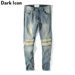 Ícone escuro plissado joelho regular Hip Hop Jeans Homens High Street Motocicleta Ankle Comprimento Homens Denim Calças Full 211111