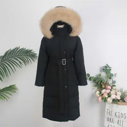 oftbuy x-long 겨울 자켓 여성 진짜 천연 모피 칼라 후드 75 % 하얀 오리 아래로 벨트 코트 따뜻한 패션 겉옷 211216