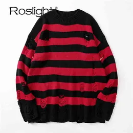 Black Striped Sweater Rasgado Homens Pulôver Pullover Hollow Buraco Jumpers Jumpers Punk Unisex Solto Superized Streetwear 210918